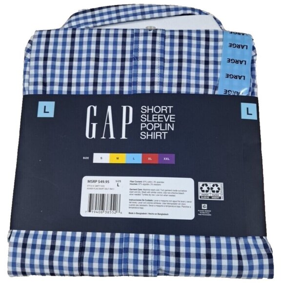 NEW Gap Men's Shirt L Short Sleeve Button Front Poplin Blue Check Spread Collar - Picture 2 of 3